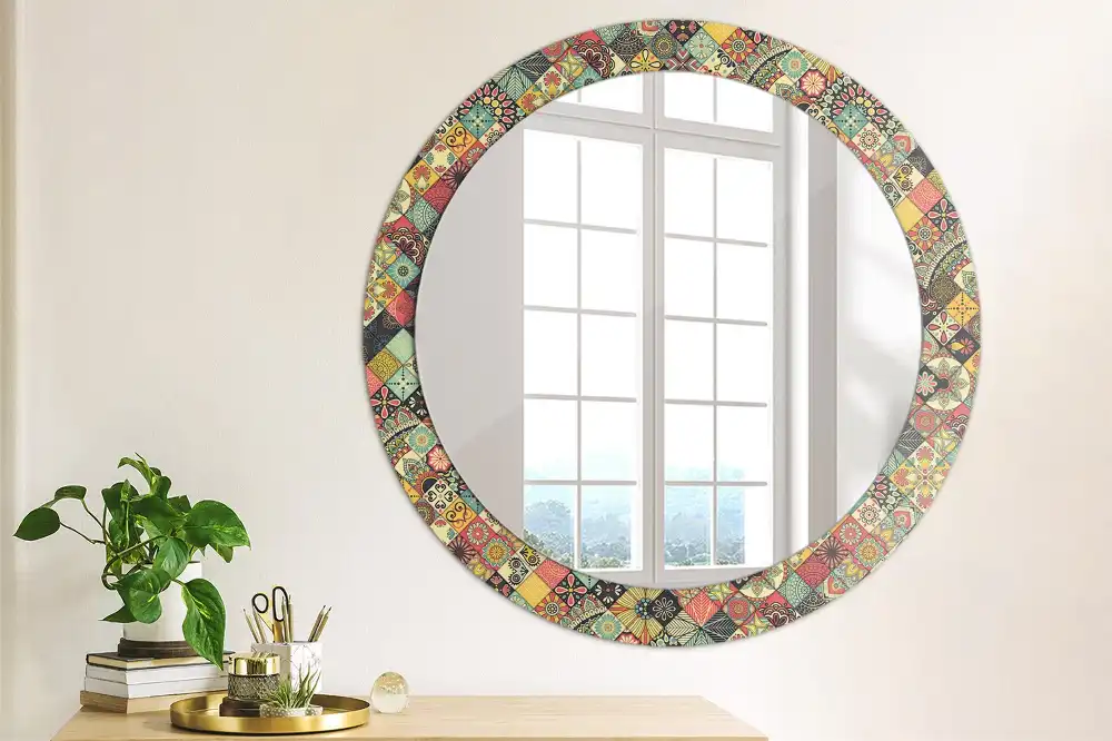 Miroir rond cadre avec impression carreaux de patchwork