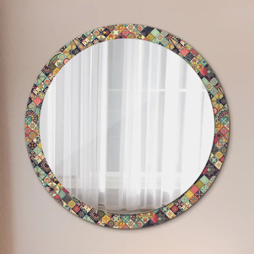 Miroir rond cadre avec impression carreaux de patchwork
