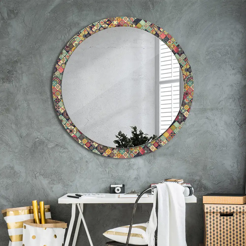 Miroir rond cadre avec impression carreaux de patchwork