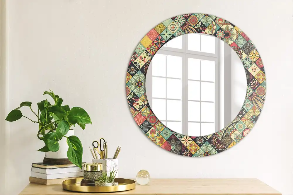 Miroir rond cadre avec impression carreaux de patchwork