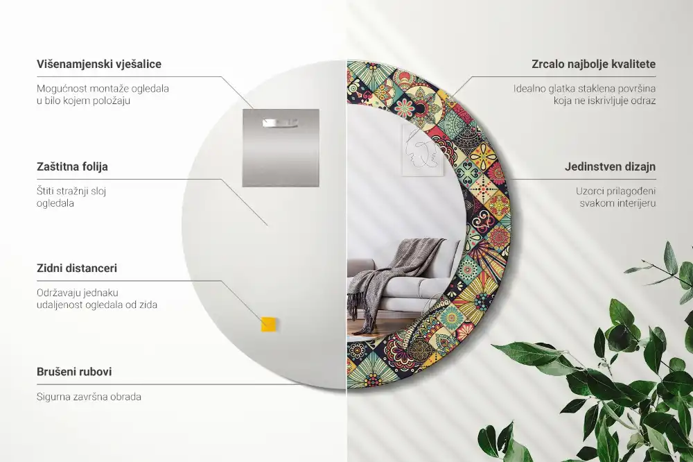 Miroir rond cadre avec impression carreaux de patchwork