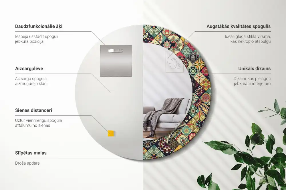 Miroir rond cadre avec impression carreaux de patchwork