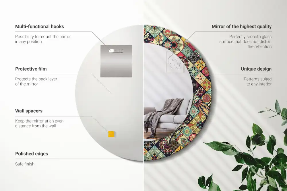 Miroir rond cadre avec impression carreaux de patchwork