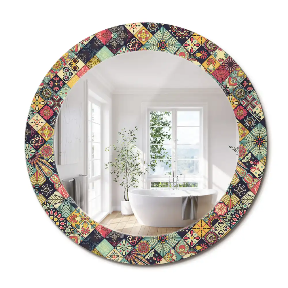 Miroir rond cadre avec impression carreaux de patchwork