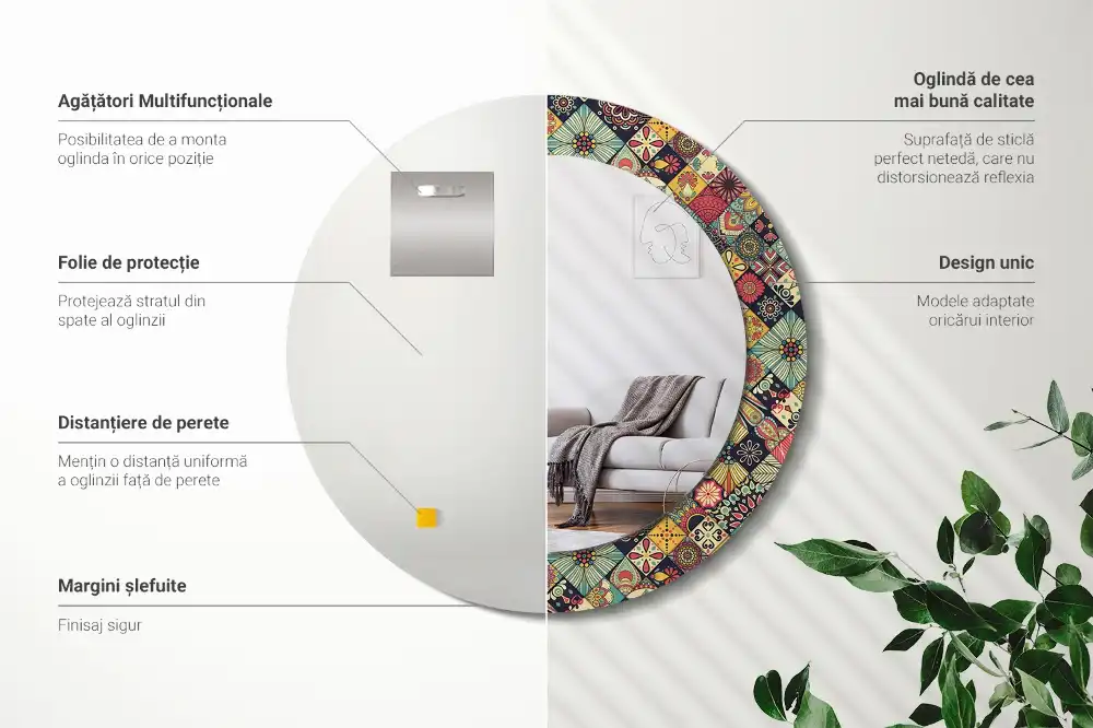 Miroir rond cadre avec impression carreaux de patchwork