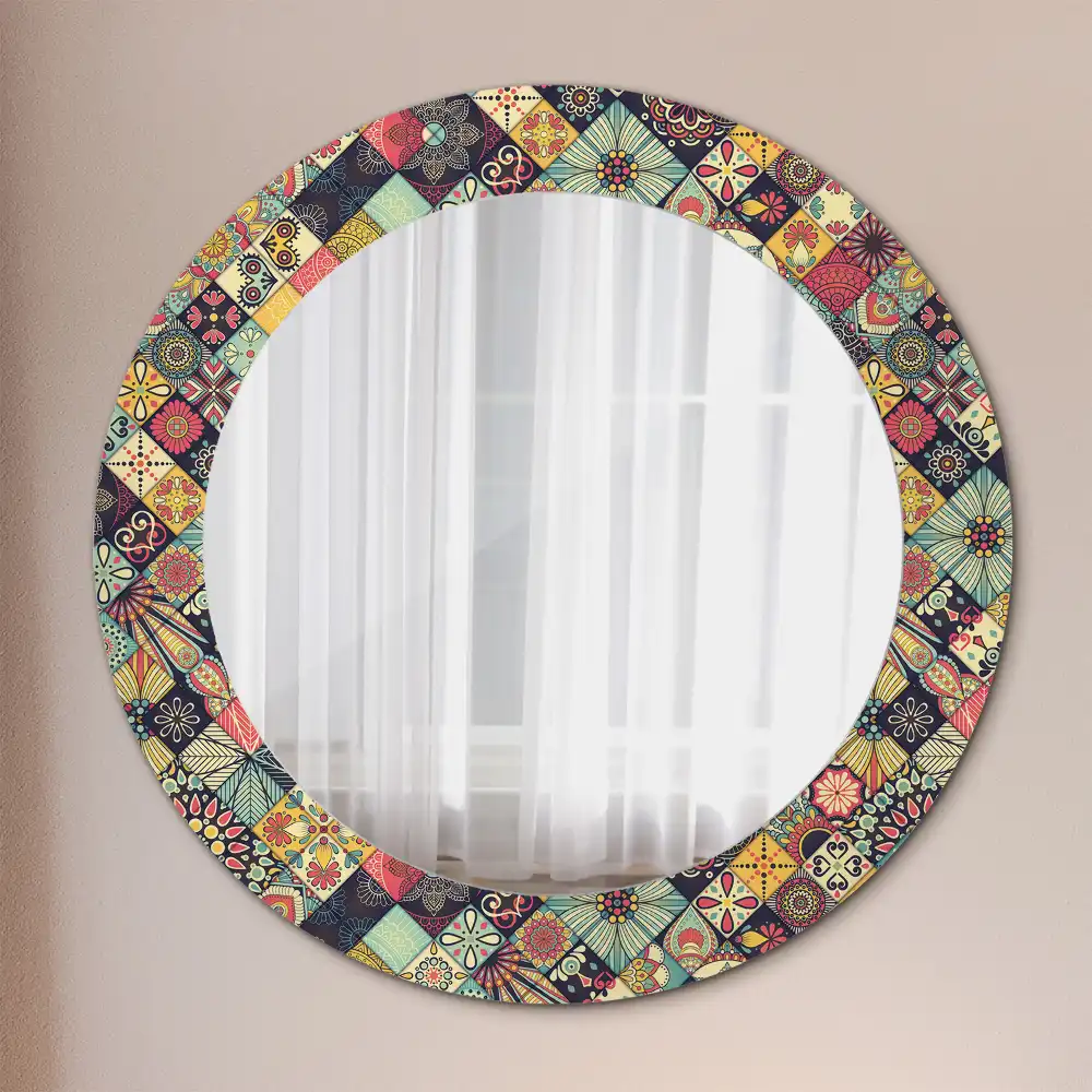 Miroir rond cadre avec impression carreaux de patchwork