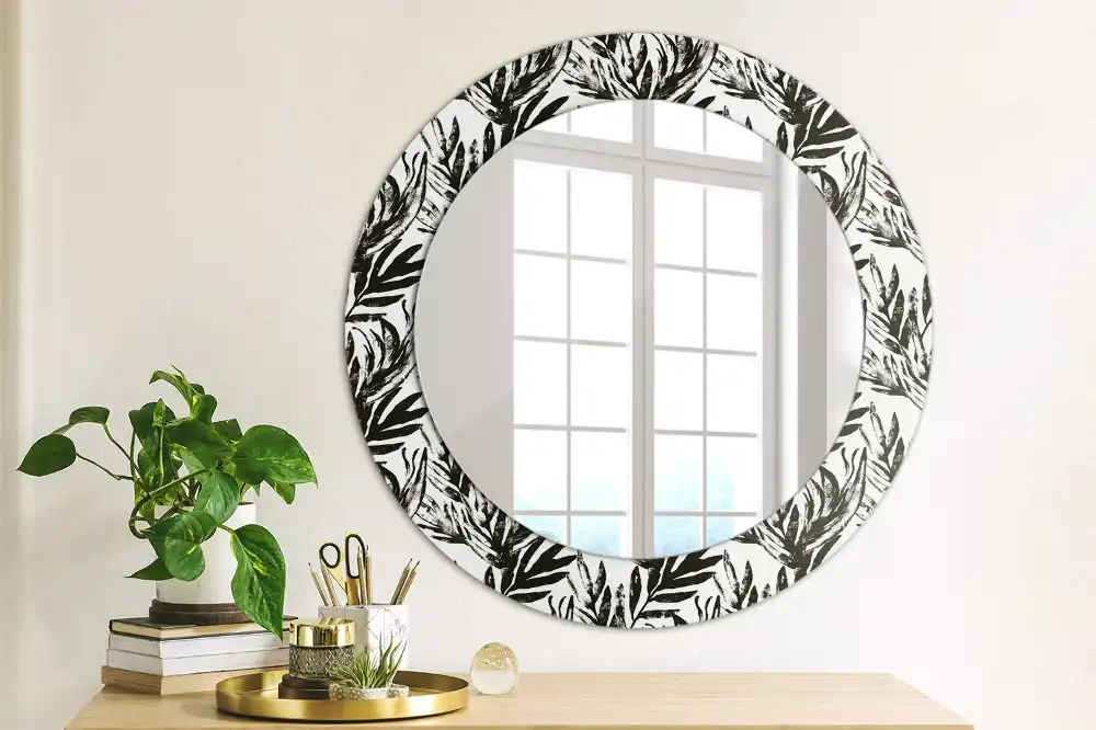 Miroir rond cadre avec impression plante monstera