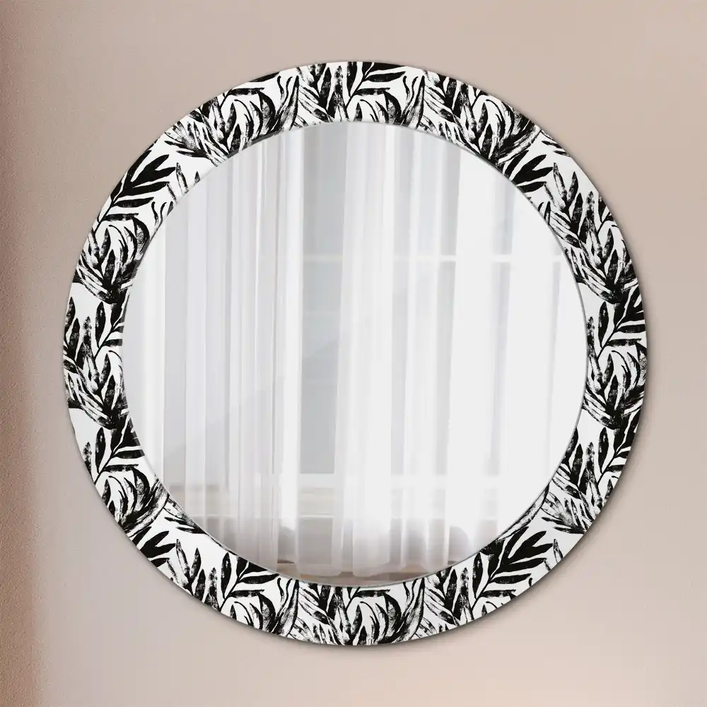 Miroir rond cadre avec impression plante monstera