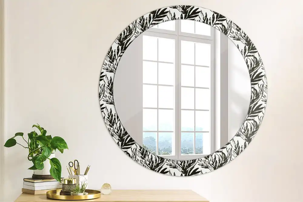Miroir rond cadre avec impression plante monstera