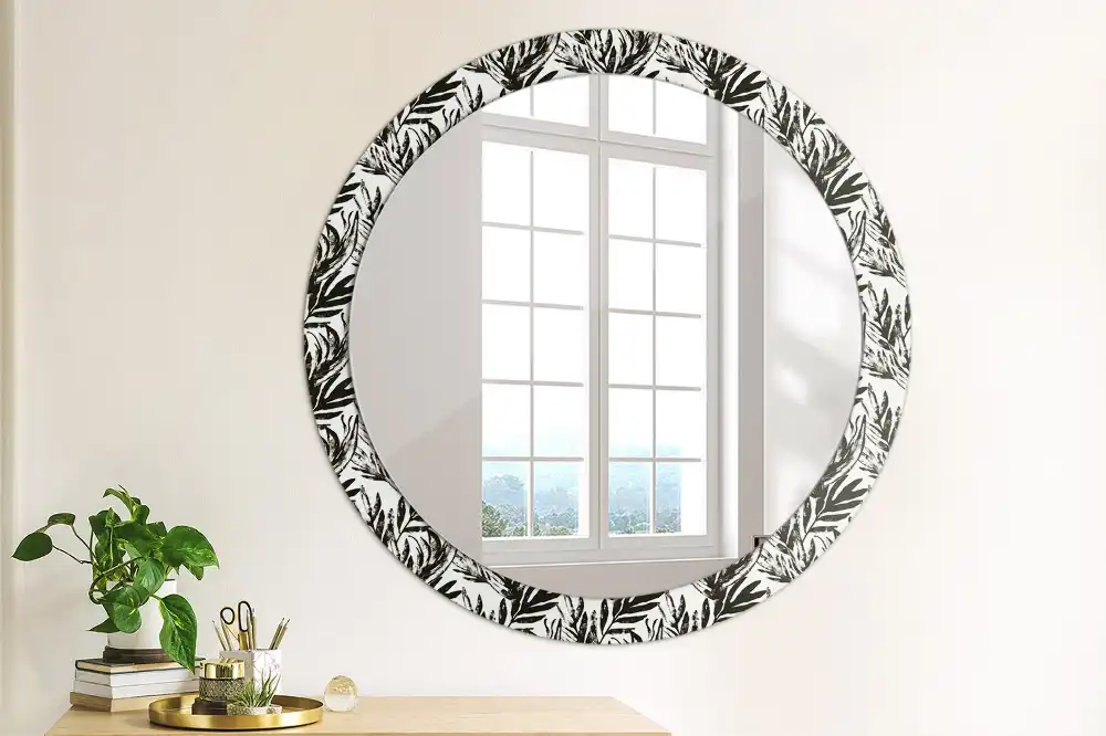 Miroir rond cadre avec impression plante monstera