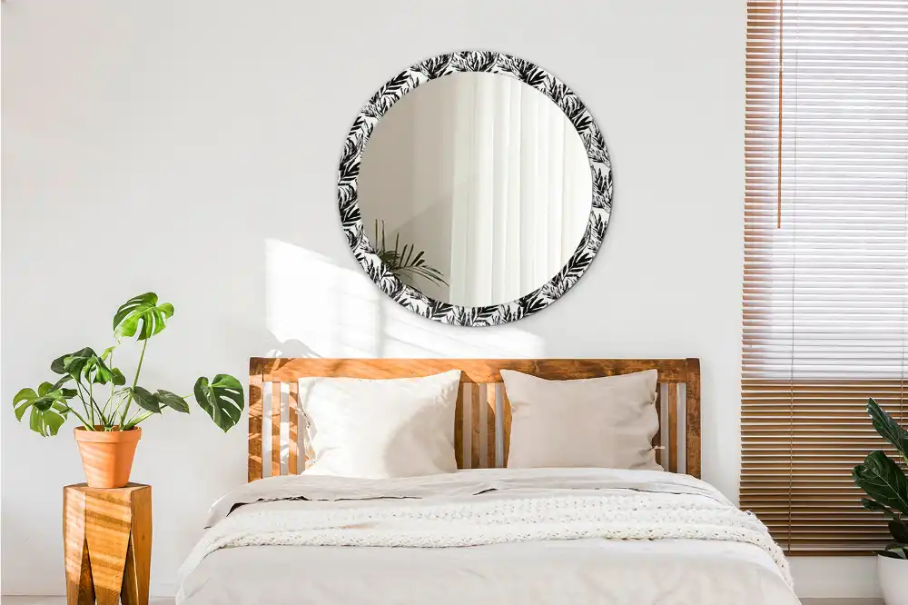 Miroir rond cadre avec impression plante monstera