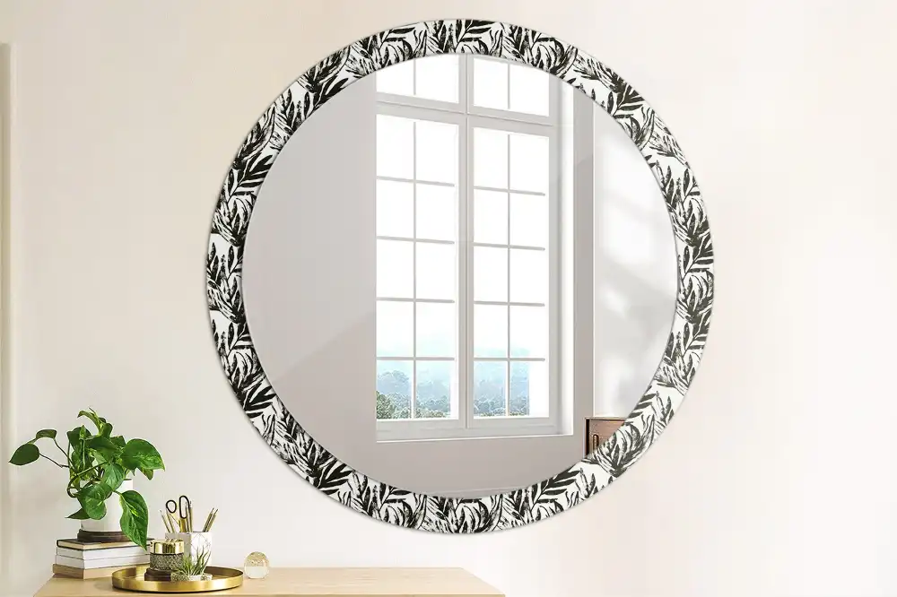 Miroir rond cadre avec impression plante monstera