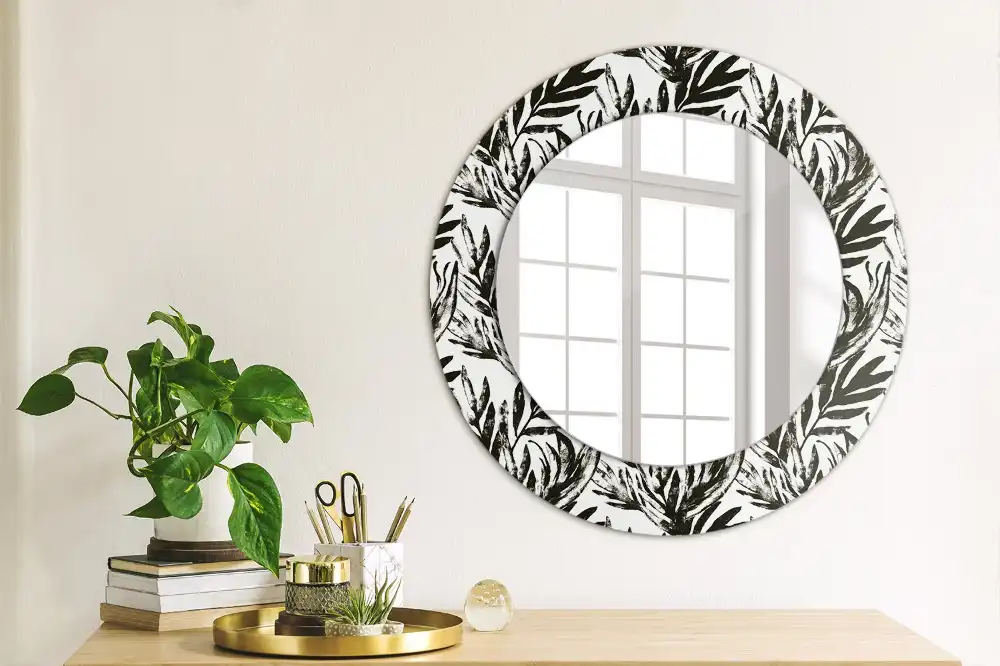 Miroir rond cadre avec impression plante monstera