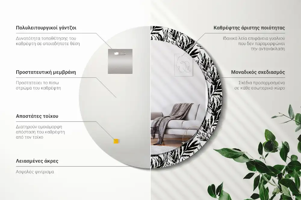 Miroir rond cadre avec impression plante monstera