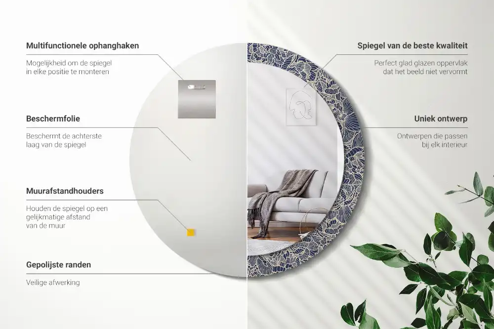 Miroir rond cadre imprimé fleurs