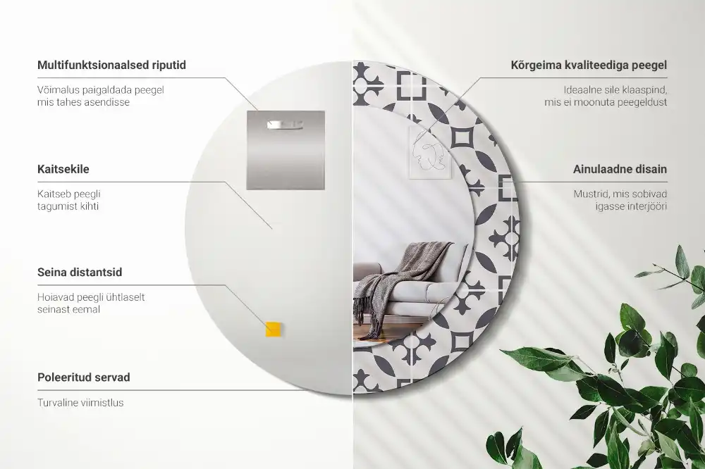 Miroir rond cadre avec impression motif de carreaux