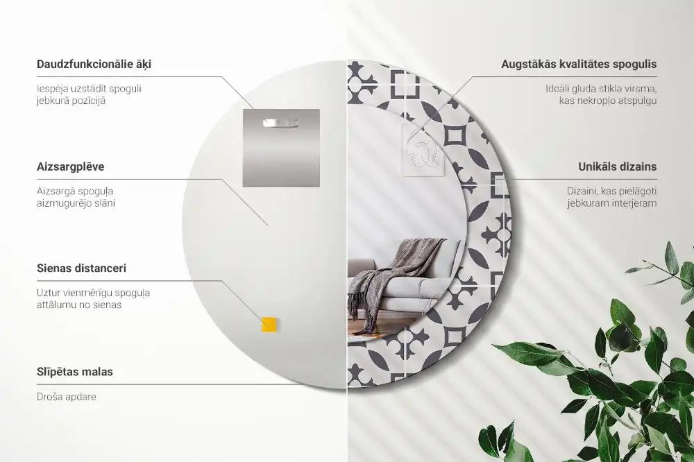 Miroir rond cadre avec impression motif de carreaux