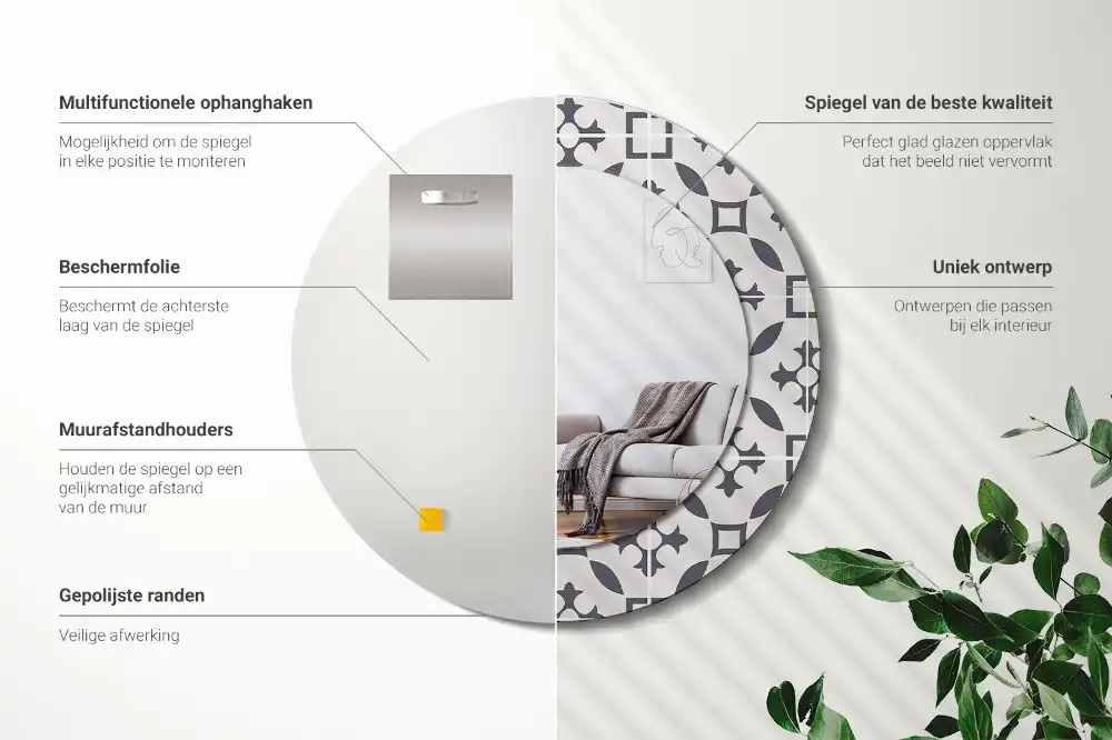 Miroir rond cadre avec impression motif de carreaux