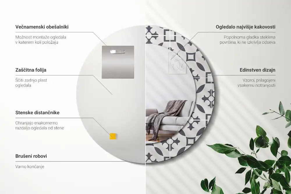 Miroir rond cadre avec impression motif de carreaux