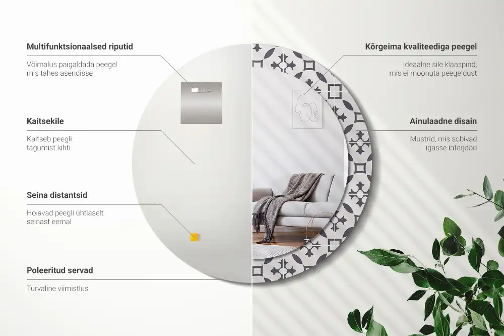 Miroir rond cadre avec impression motif de carreaux