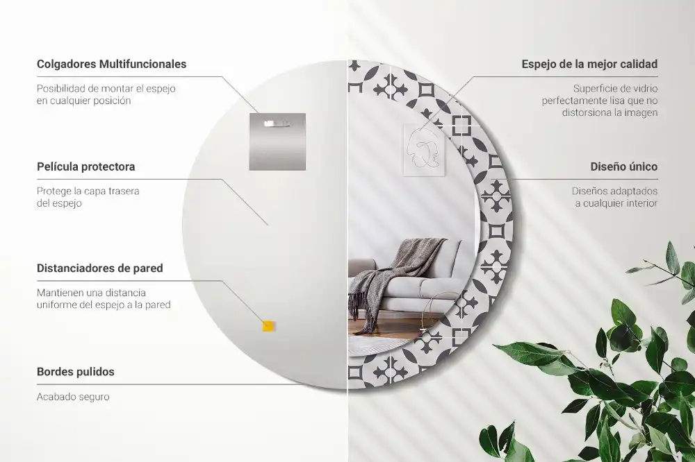 Miroir rond cadre avec impression motif de carreaux