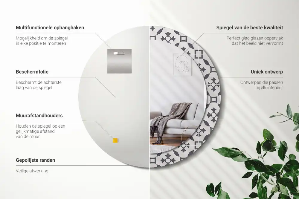 Miroir rond cadre avec impression motif de carreaux