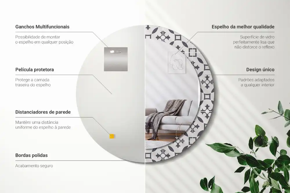 Miroir rond cadre avec impression motif de carreaux