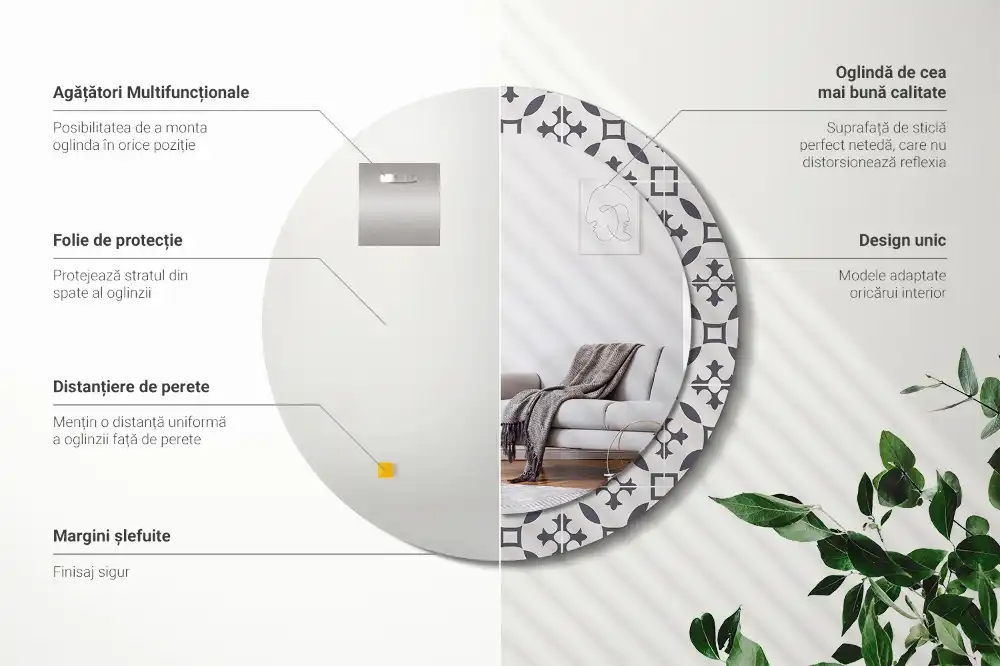 Miroir rond cadre avec impression motif de carreaux
