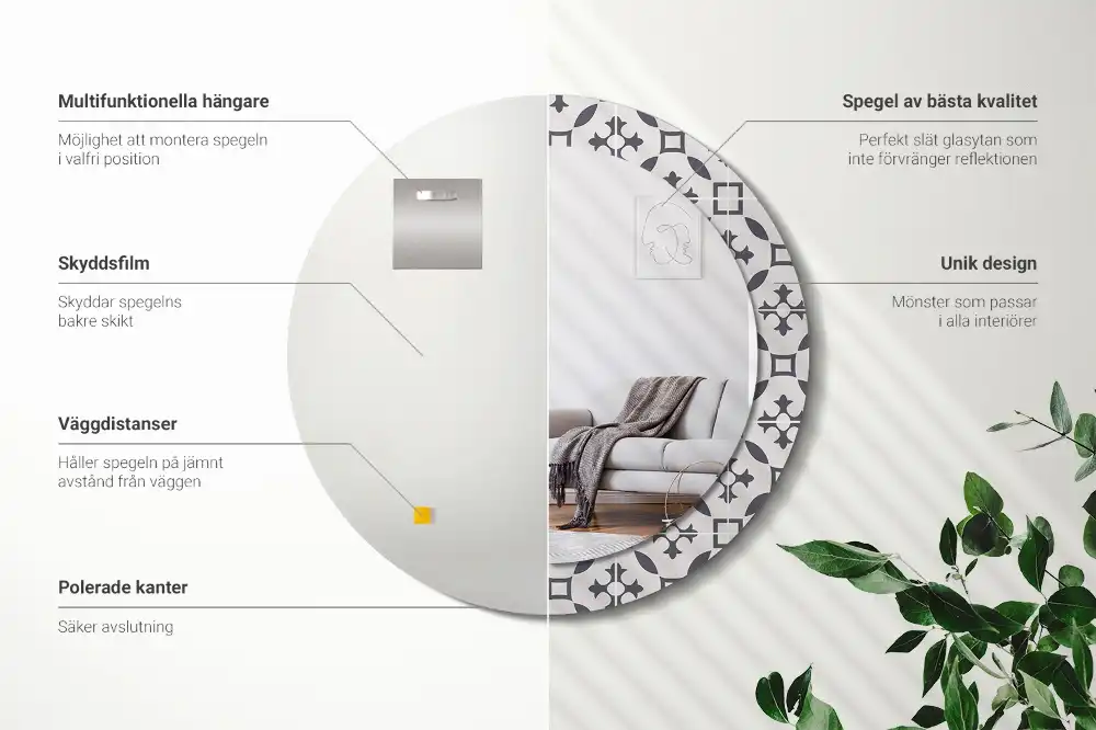 Miroir rond cadre avec impression motif de carreaux
