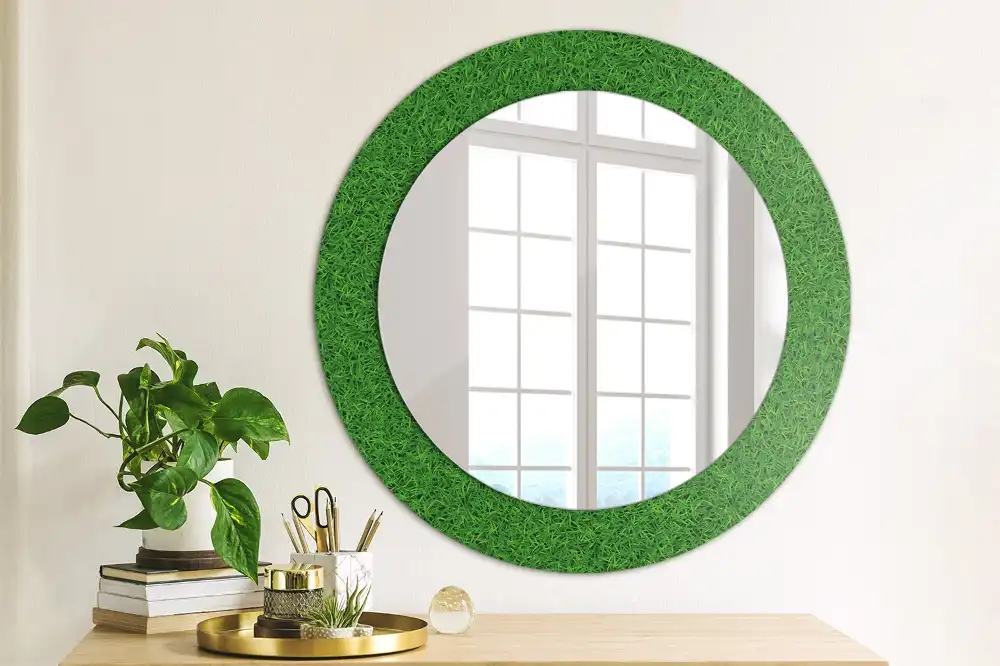 Miroir rond avec décoration herbe verte