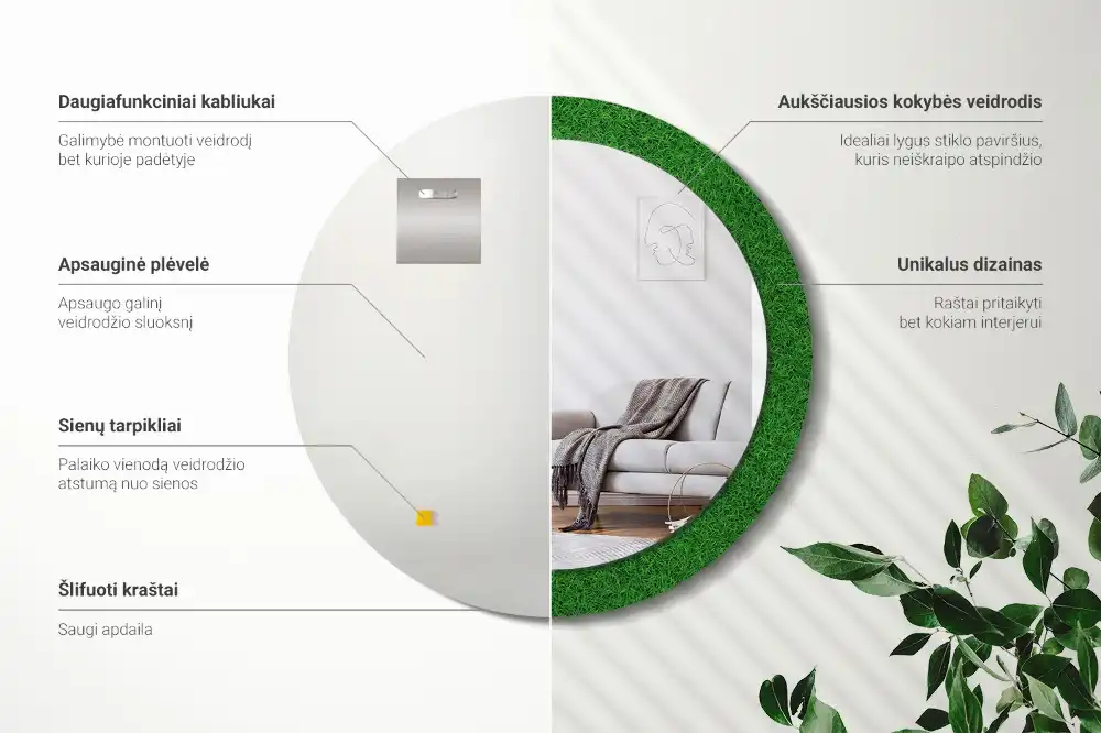 Miroir rond avec décoration herbe verte
