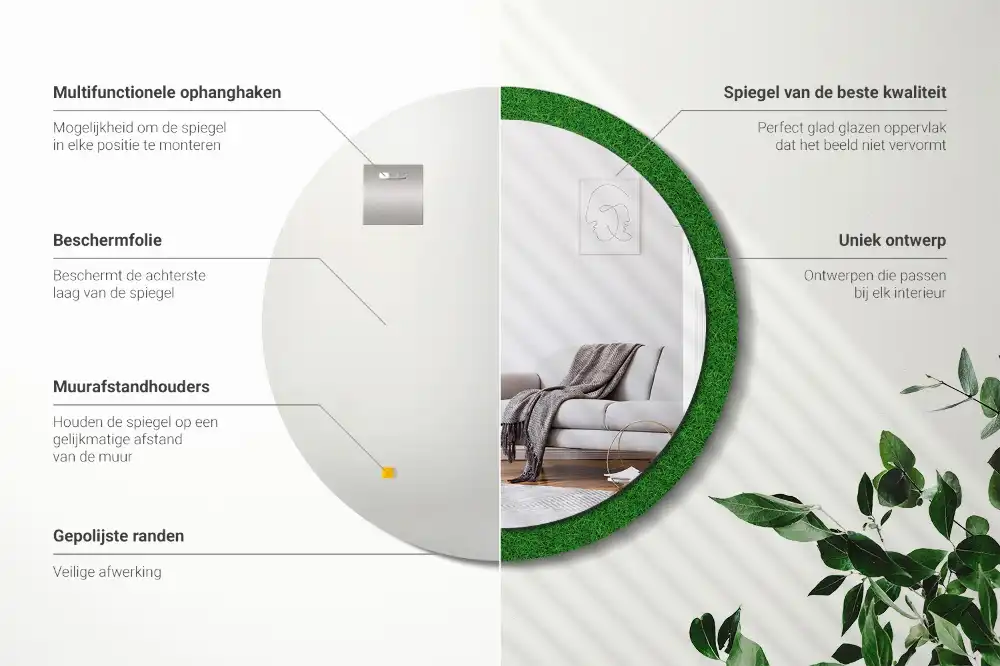 Miroir rond avec décoration herbe verte