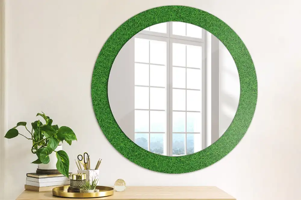 Miroir rond avec décoration herbe verte