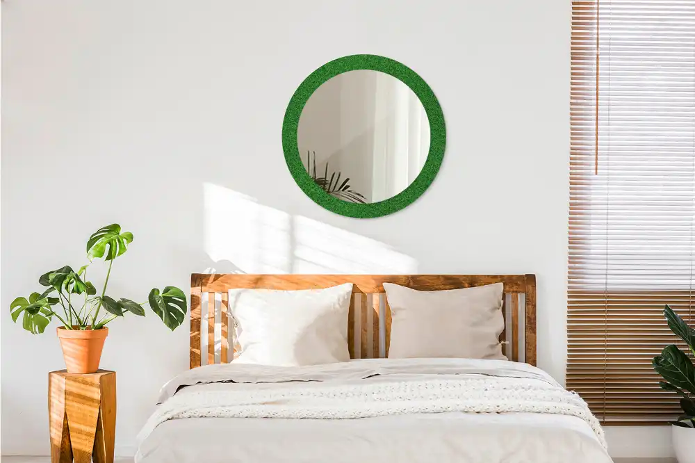 Miroir rond avec décoration herbe verte