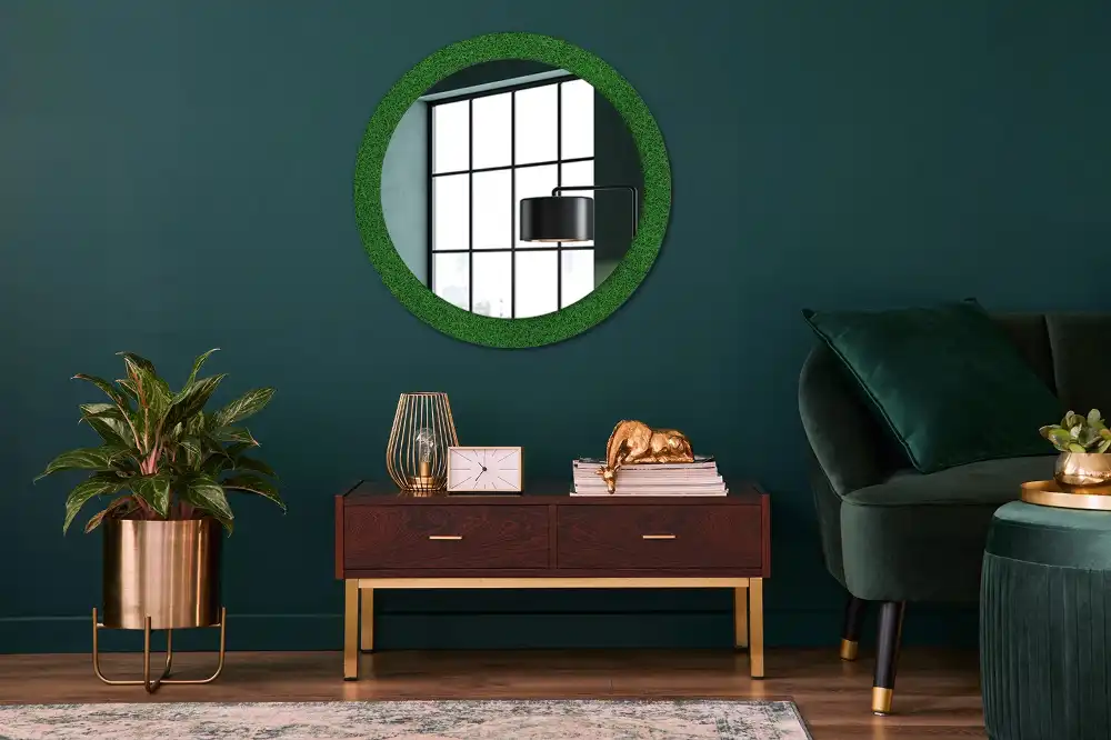 Miroir rond avec décoration herbe verte