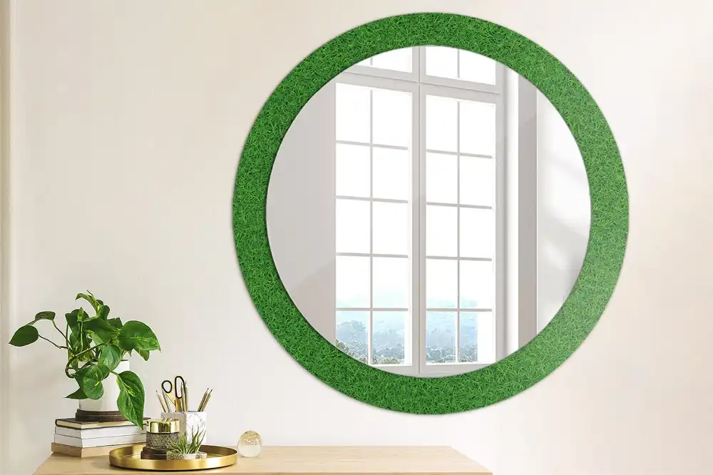 Miroir rond avec décoration herbe verte