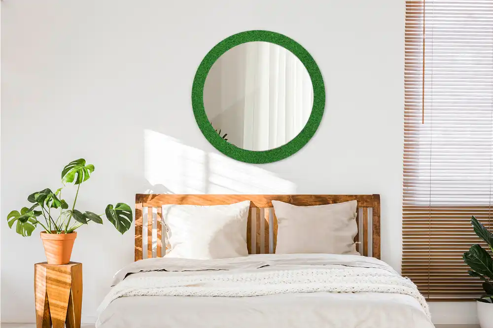 Miroir rond avec décoration herbe verte