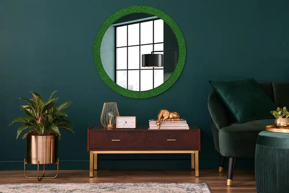 Miroir rond avec décoration herbe verte