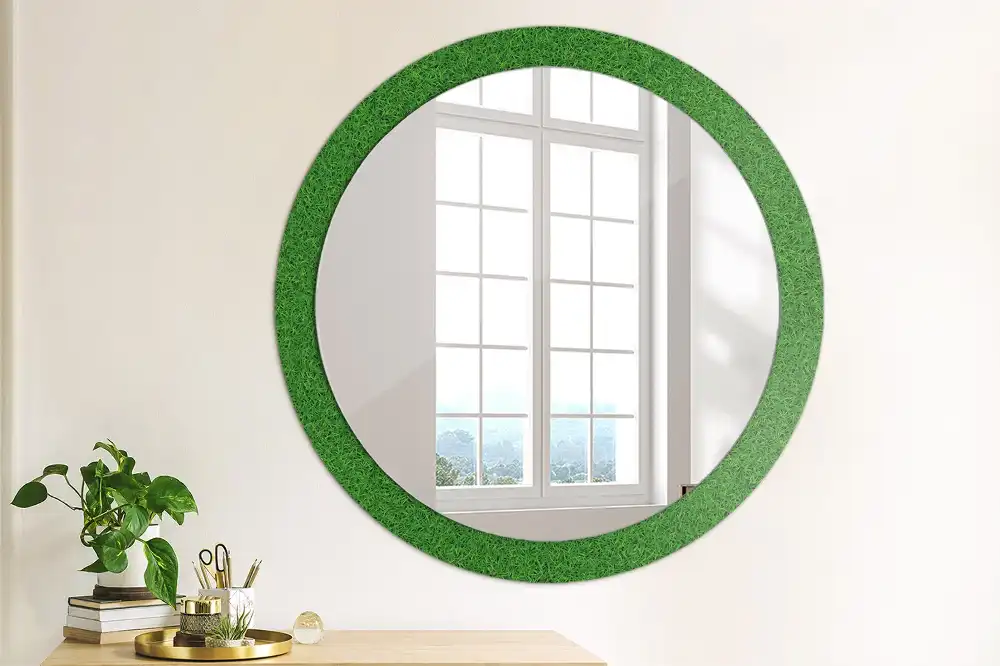 Miroir rond avec décoration herbe verte