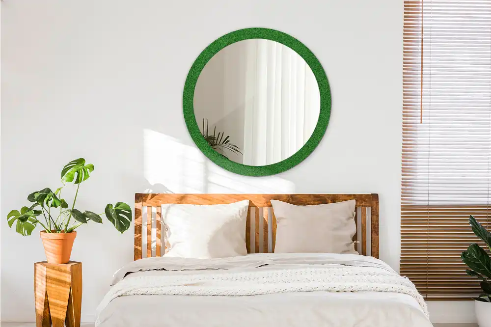 Miroir rond avec décoration herbe verte
