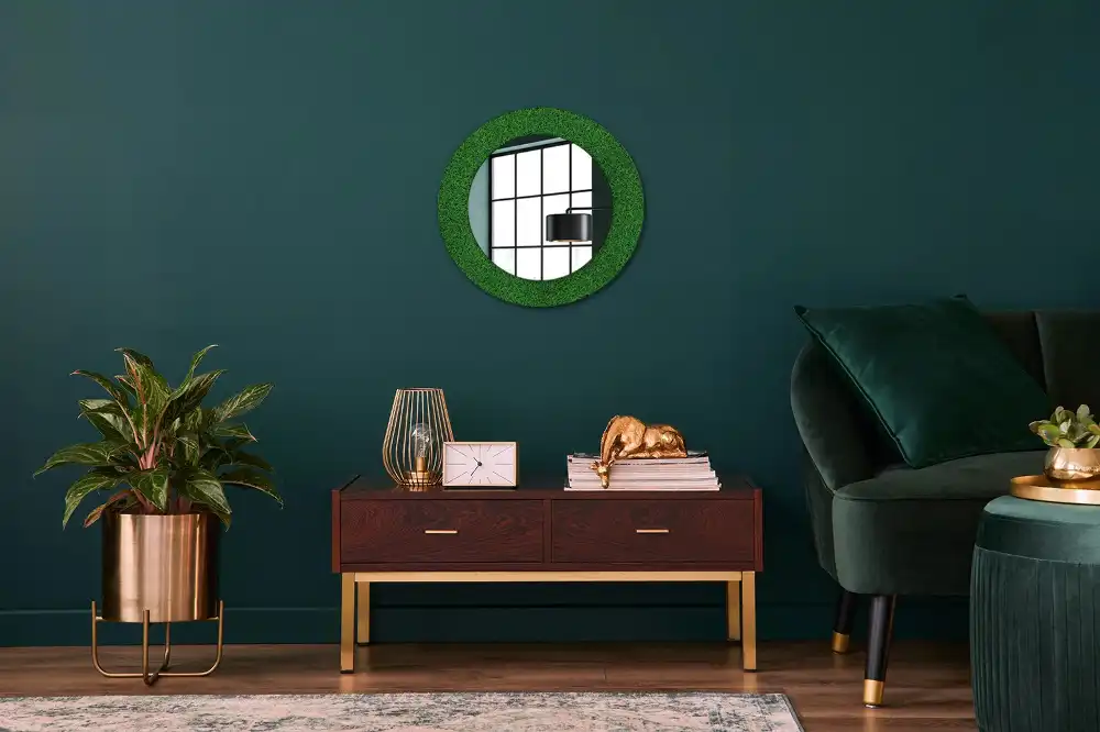 Miroir rond avec décoration herbe verte