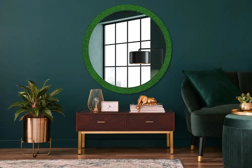 Miroir rond avec décoration herbe verte