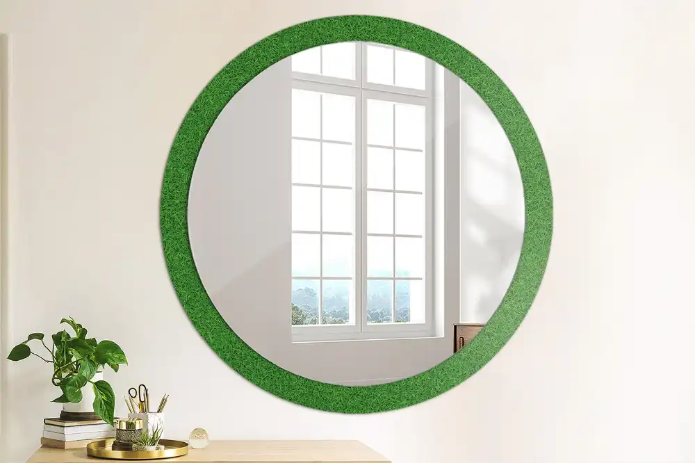 Miroir rond avec décoration herbe verte