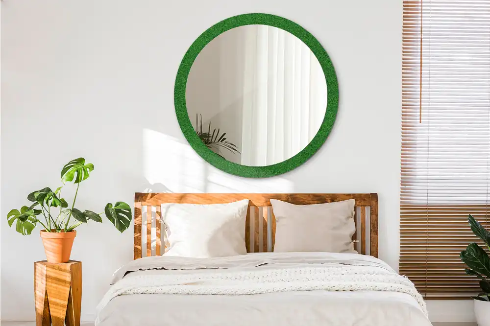 Miroir rond avec décoration herbe verte