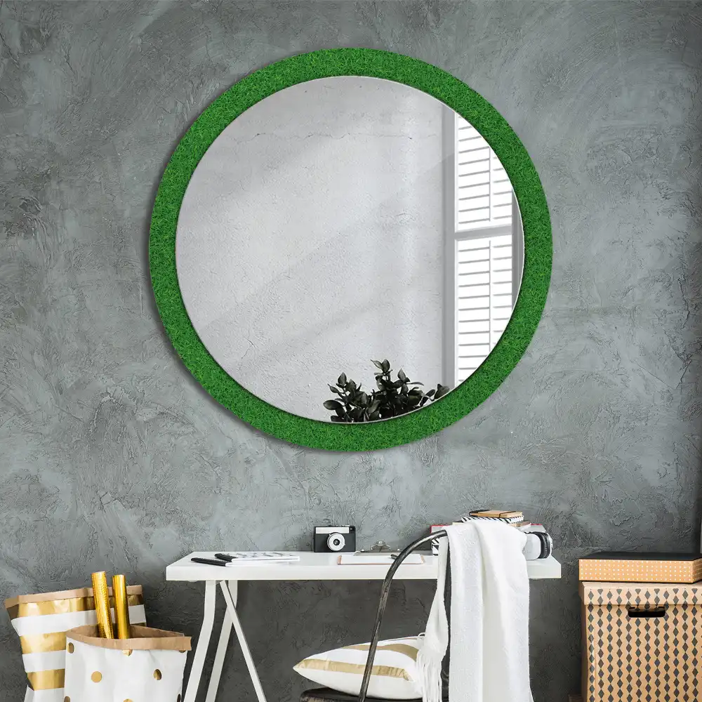 Miroir rond avec décoration herbe verte
