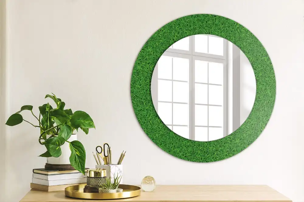 Miroir rond avec décoration herbe verte