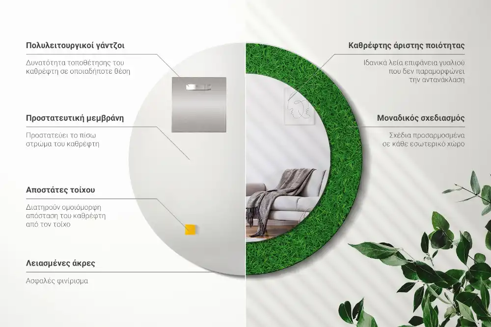 Miroir rond avec décoration herbe verte