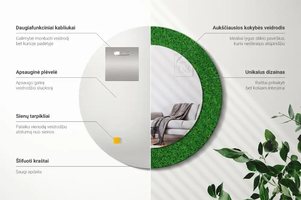 Miroir rond avec décoration herbe verte