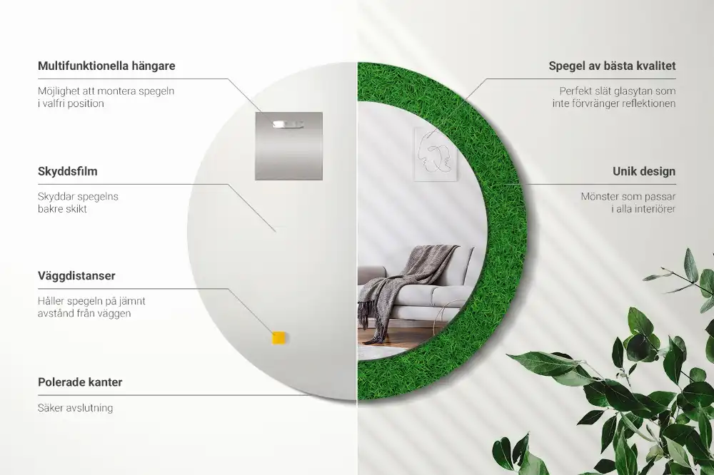 Miroir rond avec décoration herbe verte