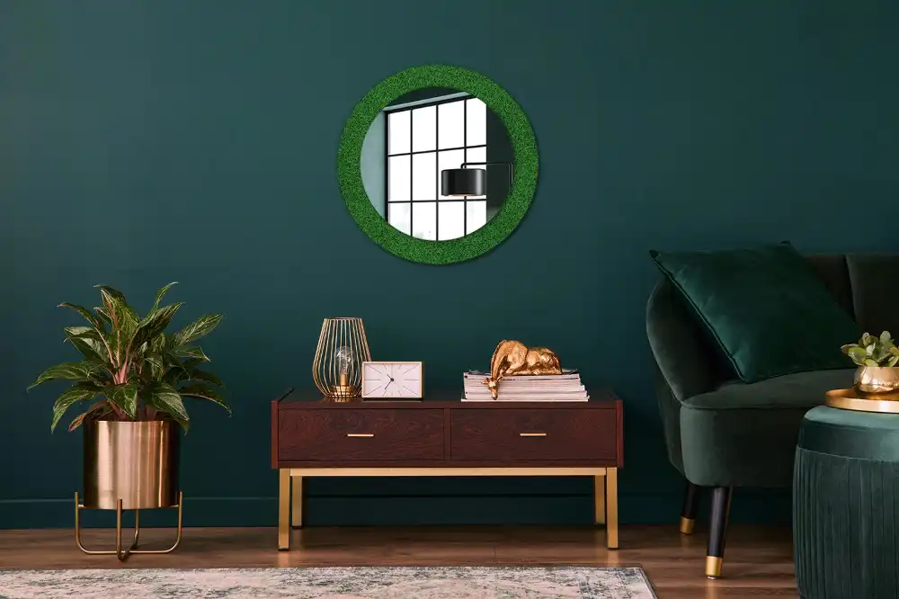 Miroir rond avec décoration herbe verte